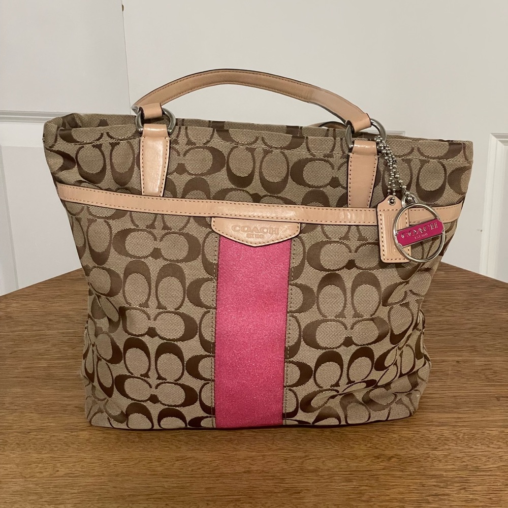 Coach Signature Stripe Tote Bag F28504 Brown & Pink Canvas with Leather Trim